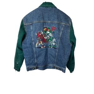 Vintage Denim Jacket Looney Tunes Character Patch Green Sleeve Lined Mens M 90s